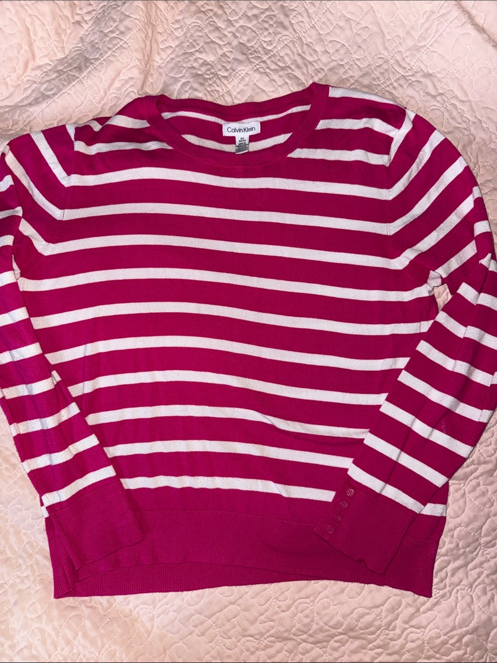 Calvin Klein Fuchsia and White Striped Crewneck Sweater